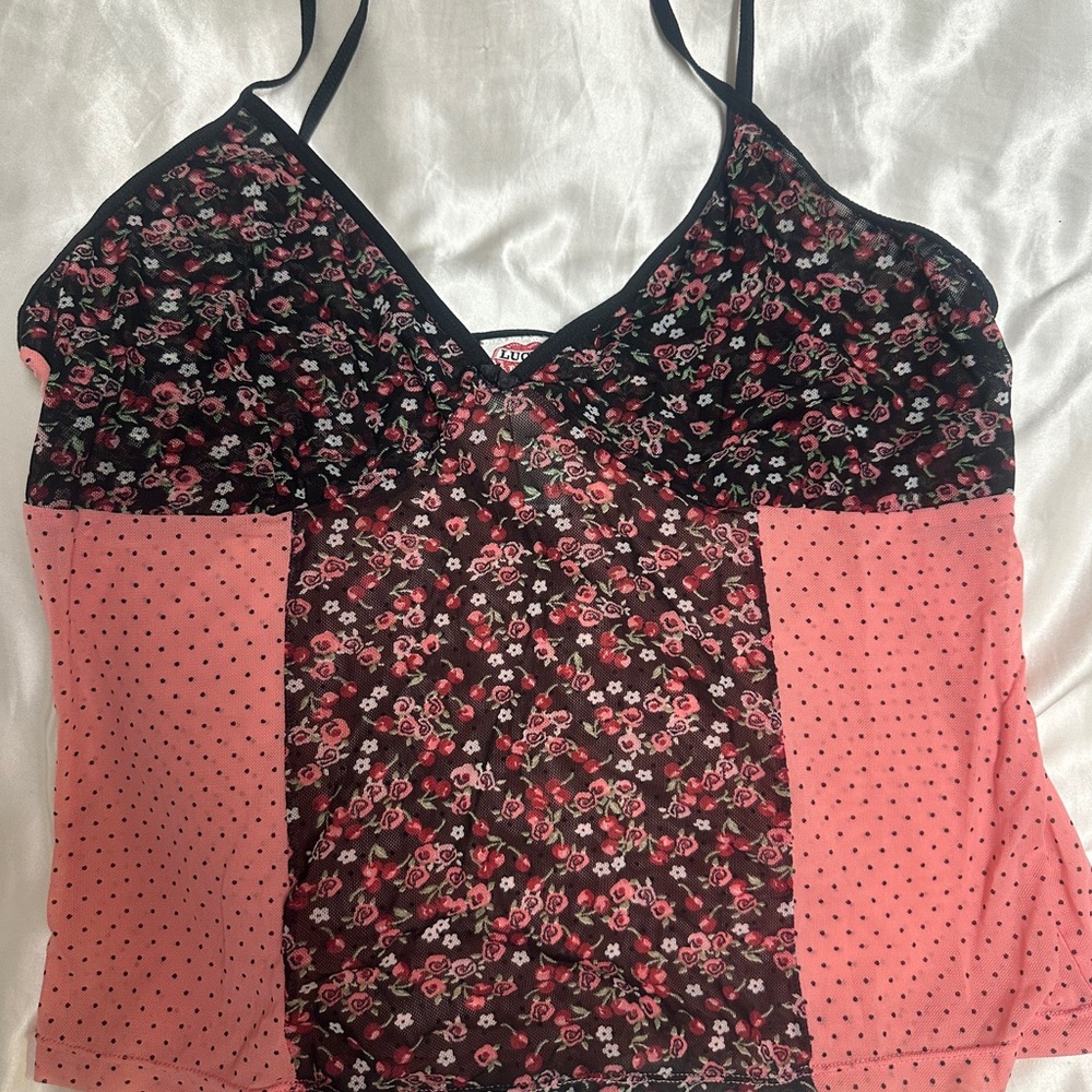 Lucky Brand Pink and Black Fitted Crop Camisole